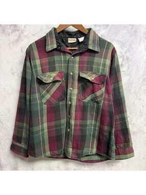 Vintage Field & Stream Flannel Shirt Mens L Green Dark Magenta Plaid Long Sleeve